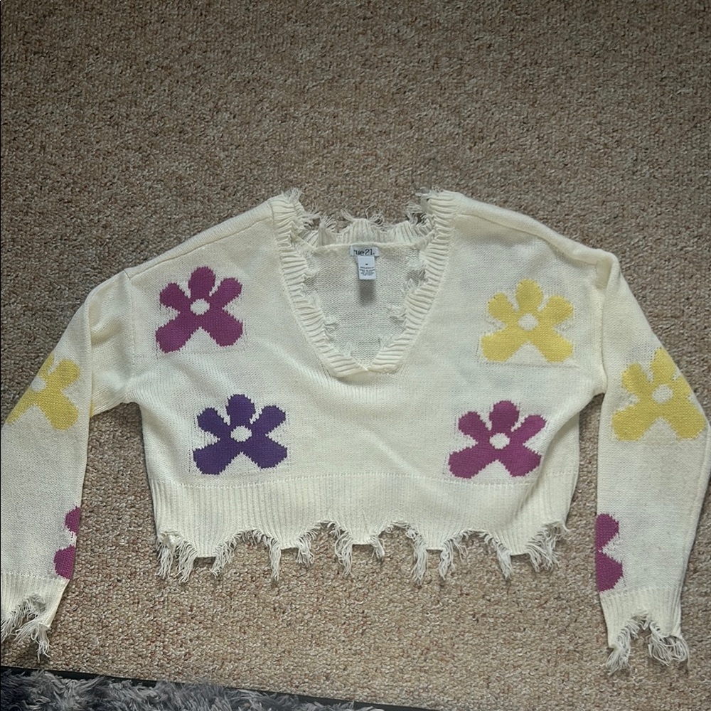Rue21 Cream Sweater with Purple and Yellow Floral Design